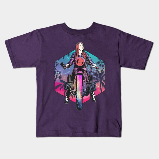 Cafe Racer girl, Caferacer girl, Cafe Racer Female Biker, Cafe Racer Riding Girl, Biker Girl, Racing Girl, Retro Vintage Motorcyclist Girl, Caferacer Race Girl,  Caferacer Lady waiting for a Race Kids T-Shirt by BicycleStuff